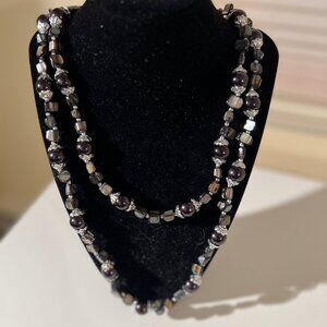 Necklace, Black beads with silver accents and black shells, 24" long